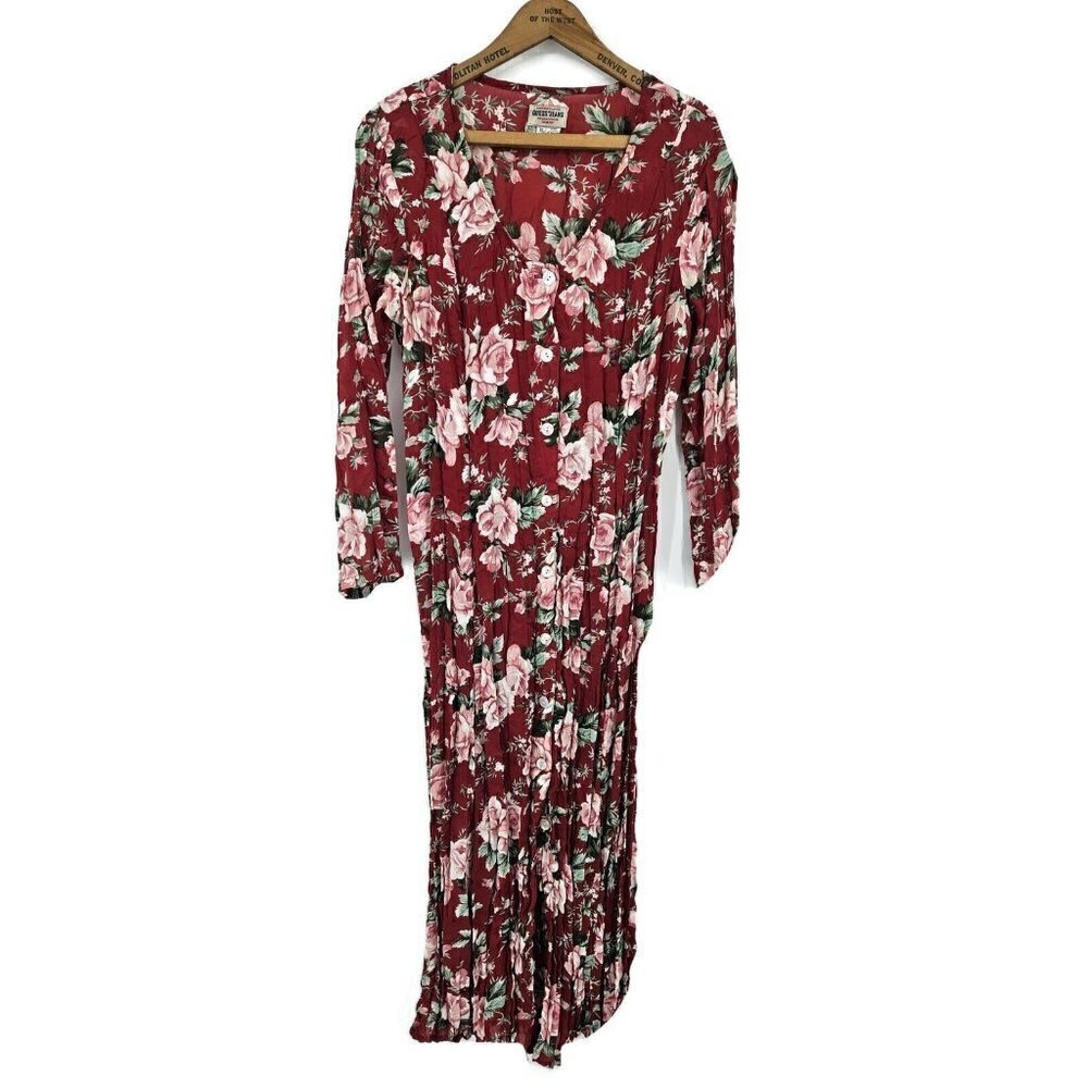 VTG 90s Guess Dress Womens XL Red Pink Floral Long Tie Back Sheer